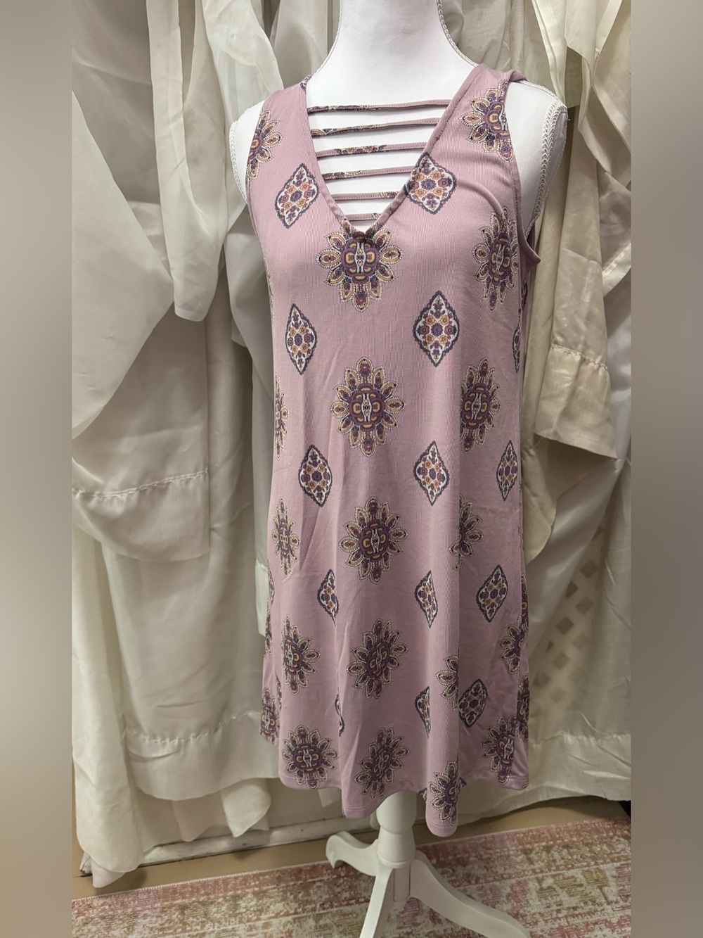 Lavender Strappy V-Neck Medallion Mini Dress